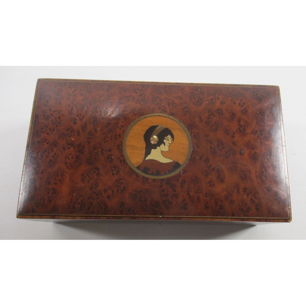 Vintage Austrian Burl Wood Marquetry Inlay of Lady Trinket Box Cigar Box 7" x 4"